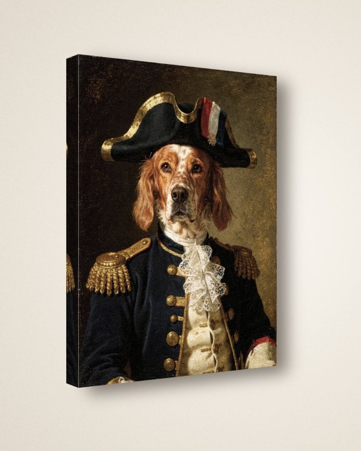 Portrait L’Amiral sur toile 30 × 40 cm, vue de trois quarts : côtés en miroir, châssis en bois (photomontage)