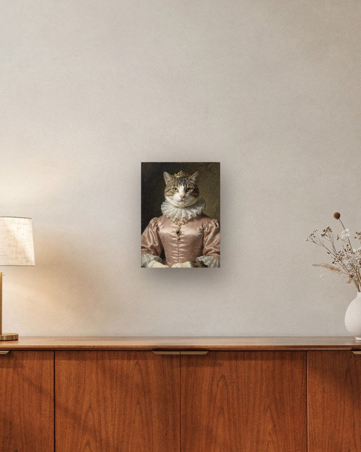 Portrait La Duchesse sur toile 30 × 40 cm, accrochée au-dessus d’un meuble (photomontage, échelle indicative)