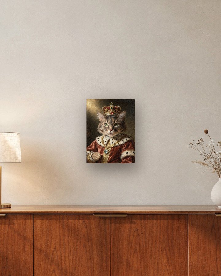 Portrait Le Roi sur toile 30 × 40 cm, accrochée au-dessus d’un meuble (photomontage, échelle indicative)