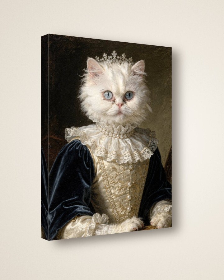 Portrait La Reine sur toile 30 × 40 cm, vue de trois quarts : côtés en miroir, châssis en bois (photomontage)