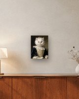 Portrait La Reine sur toile 30 × 40 cm, accrochée au-dessus d’un meuble (photomontage, échelle indicative)
