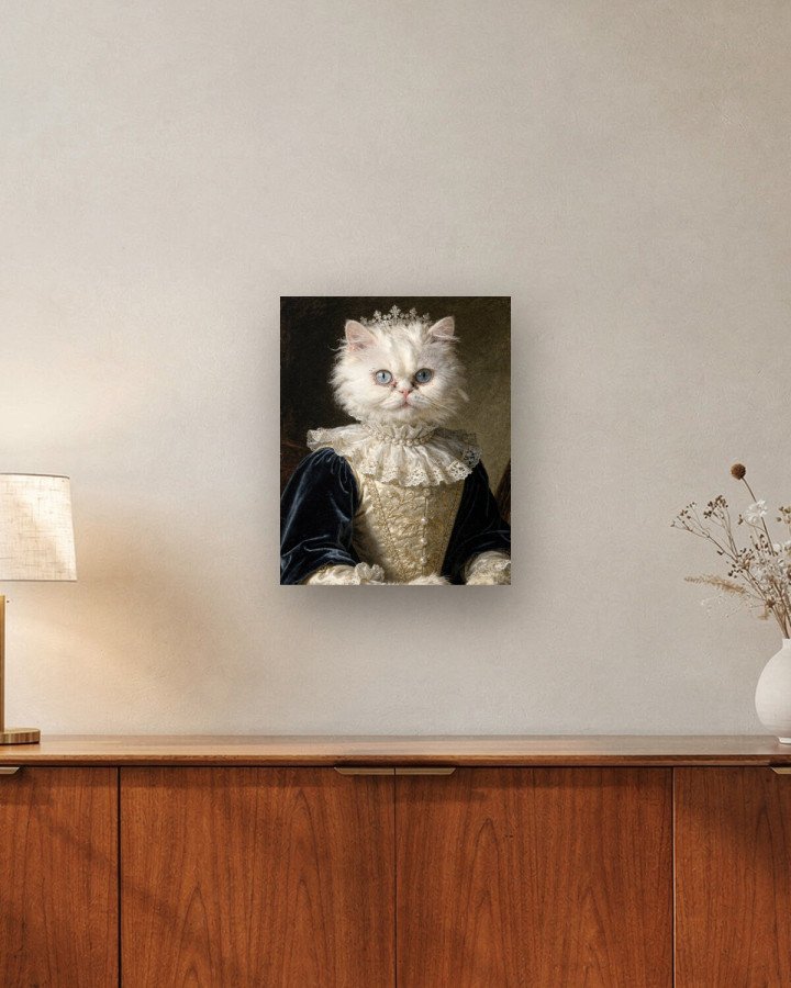 Portrait La Reine sur toile 40 × 50 cm, accrochée au-dessus d’un meuble (photomontage, échelle indicative)