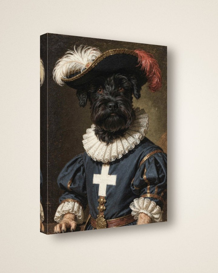 Portrait Le Mousquetaire sur toile 30 × 40 cm, vue de trois quarts : côtés en miroir, châssis en bois (photomontage)
