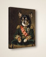 Portrait Le Général sur toile 30 × 40 cm, vue de trois quarts : côtés en miroir, châssis en bois (photomontage)