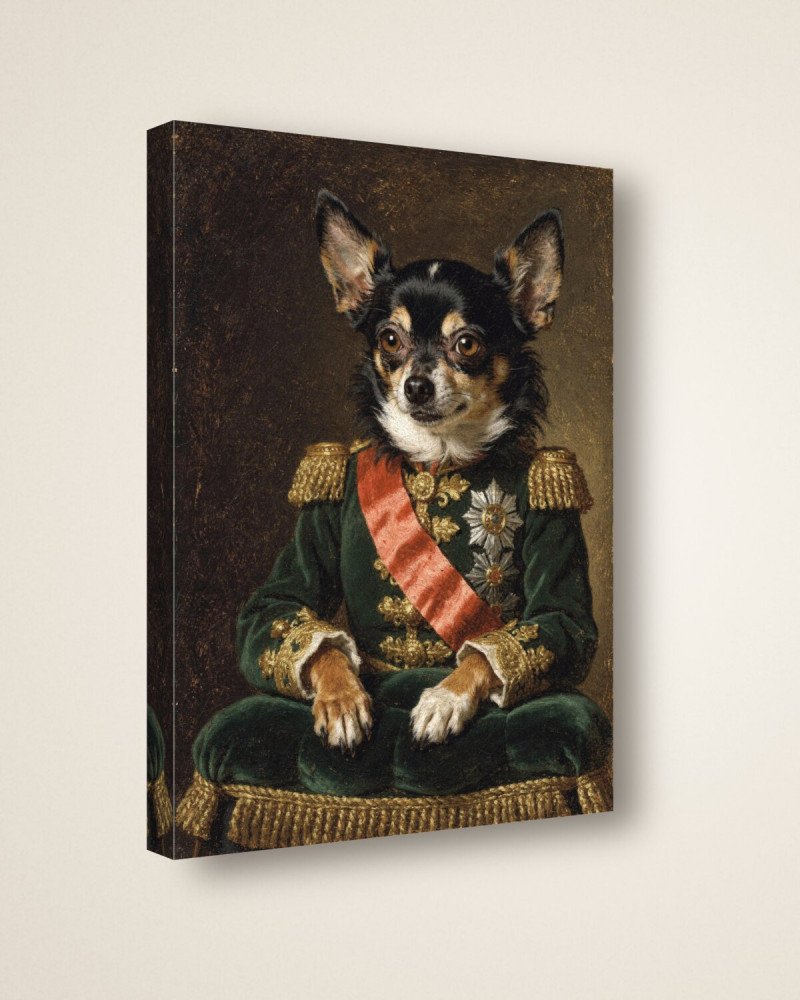 Portrait Le Général sur toile 30 × 40 cm, vue de trois quarts : côtés en miroir, châssis en bois (photomontage)