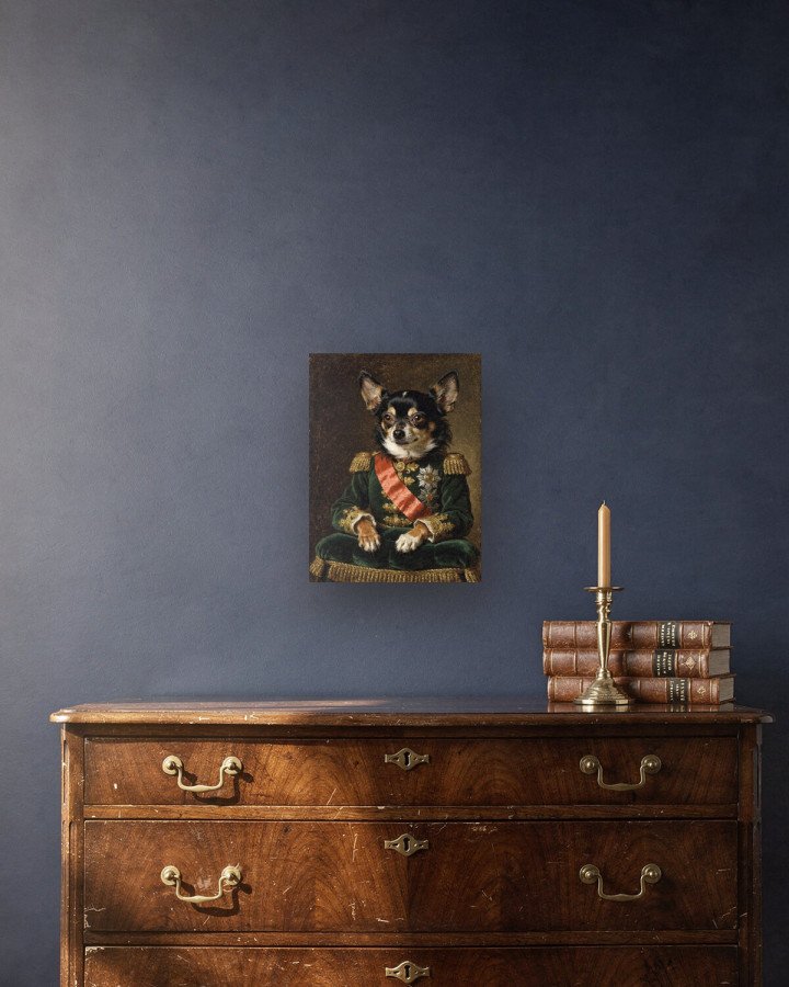 Portrait Le Général sur toile 30 × 40 cm, accrochée au-dessus d’un meuble (photomontage, échelle indicative)