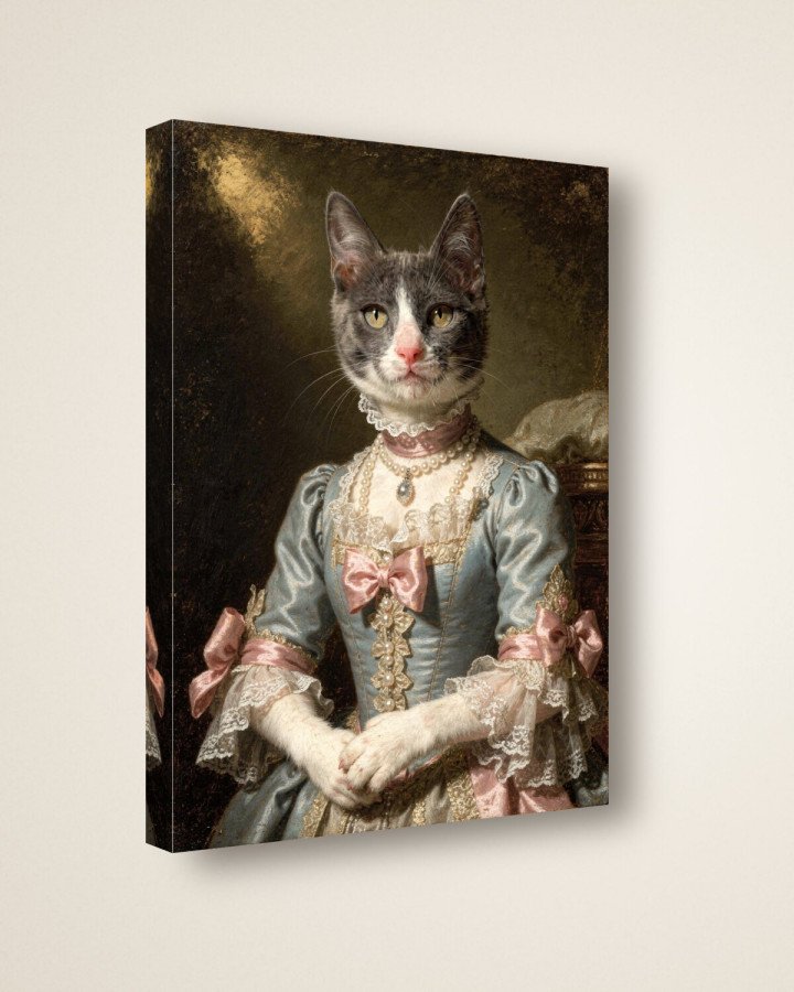 Portrait La Marquise sur toile 30 × 40 cm, vue de trois quarts : côtés en miroir, châssis en bois (photomontage)