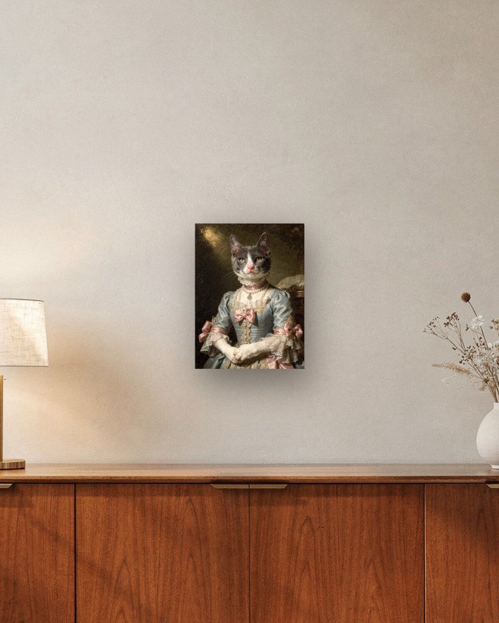 Portrait La Marquise sur toile 30 × 40 cm, accrochée au-dessus d’un meuble (photomontage, échelle indicative)