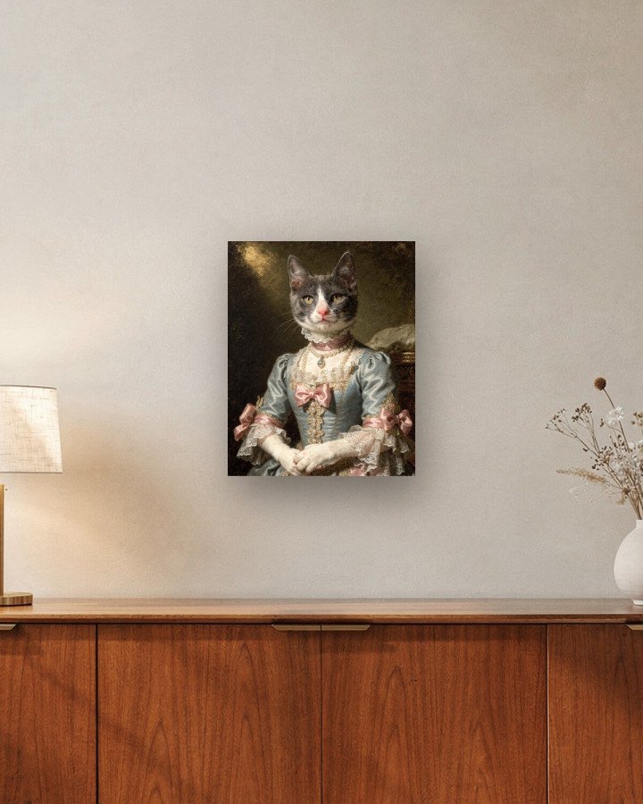 Portrait La Marquise sur toile 40 × 50 cm, accrochée au-dessus d’un meuble (photomontage, échelle indicative)