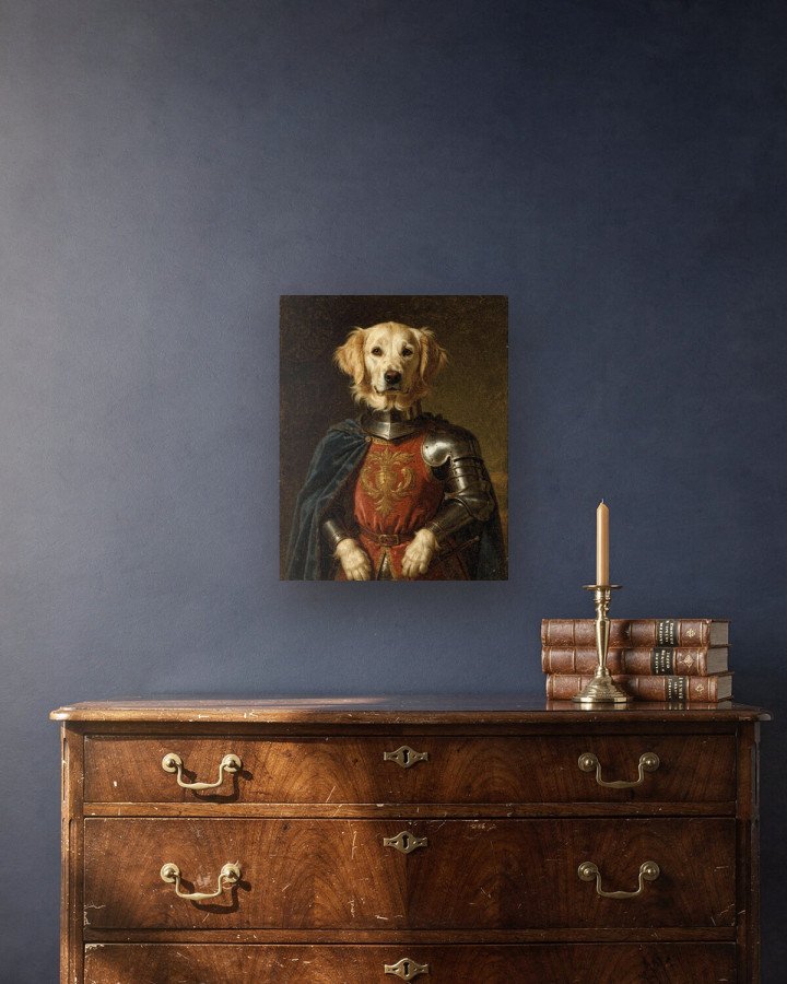 Portrait Le Chevalier sur toile 40 × 50 cm, accrochée au-dessus d’un meuble (photomontage, échelle indicative)