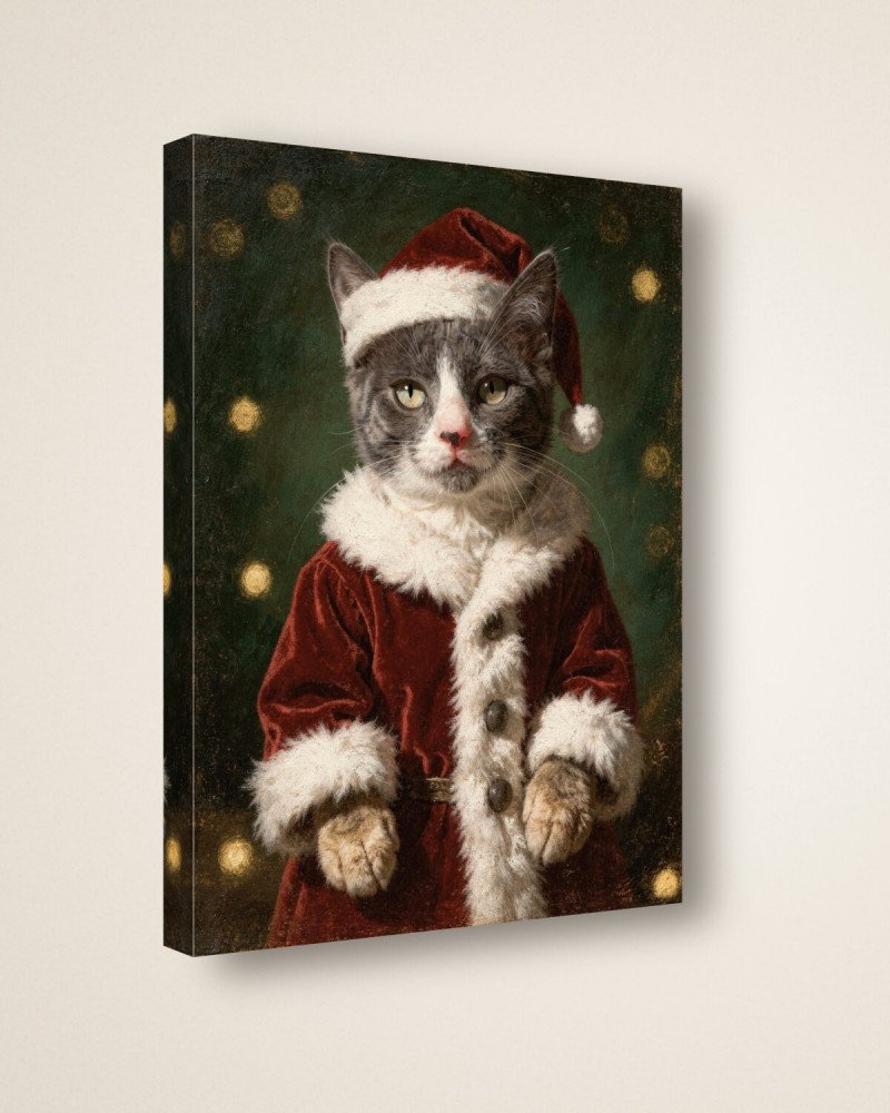 Portrait Le Père Noël sur toile 30 × 40 cm, vue de trois quarts : côtés en miroir, châssis en bois (photomontage)