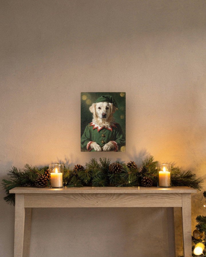 Portrait Le Lutin sur toile 30 × 40 cm, accrochée au-dessus d’un meuble (photomontage, échelle indicative)