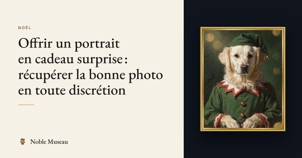 Exemple de portrait : un chien en lutin de Noël, dans un cadre doré