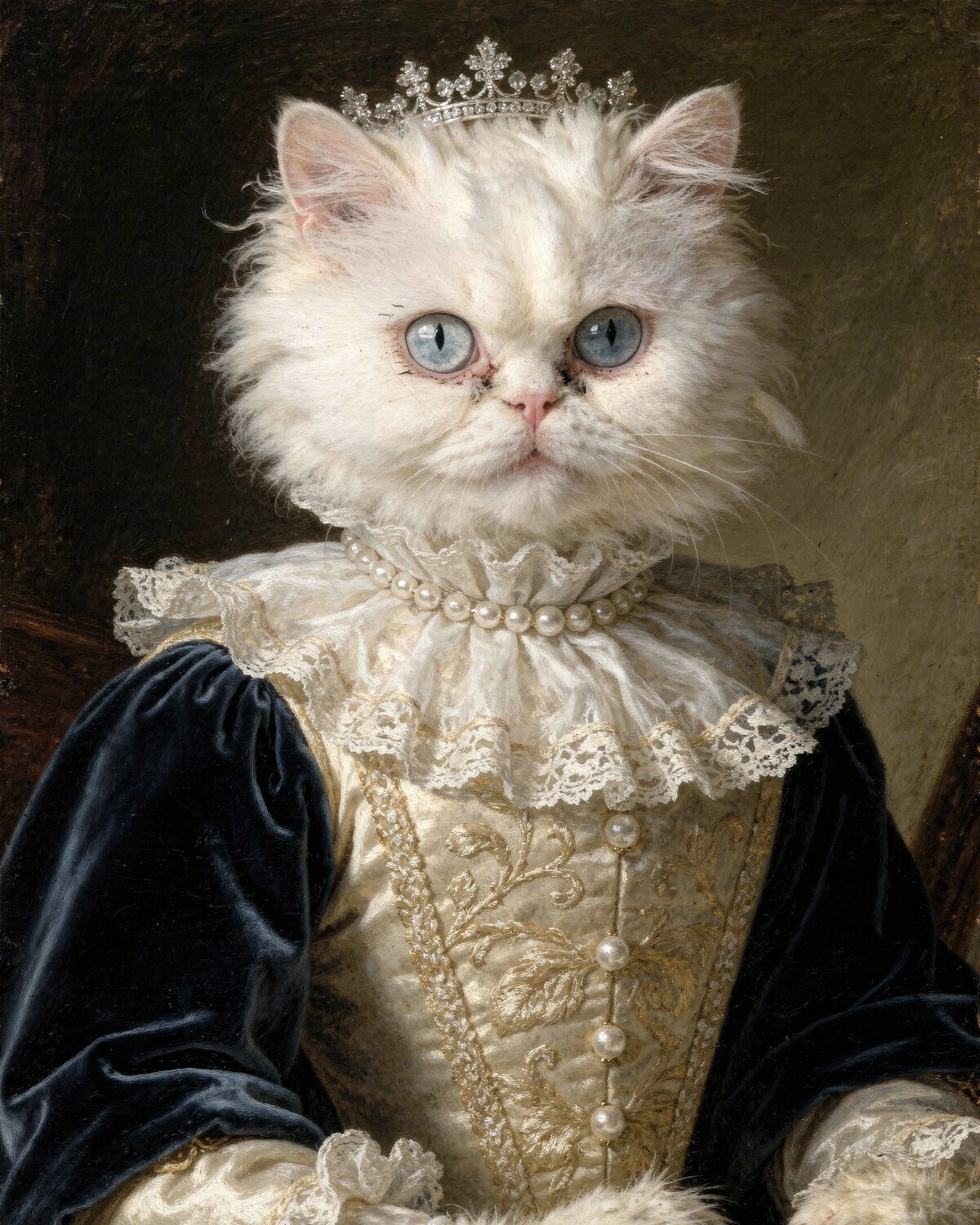 Portrait d’un chat en reine, brocart ivoire, cape bleue et couronne