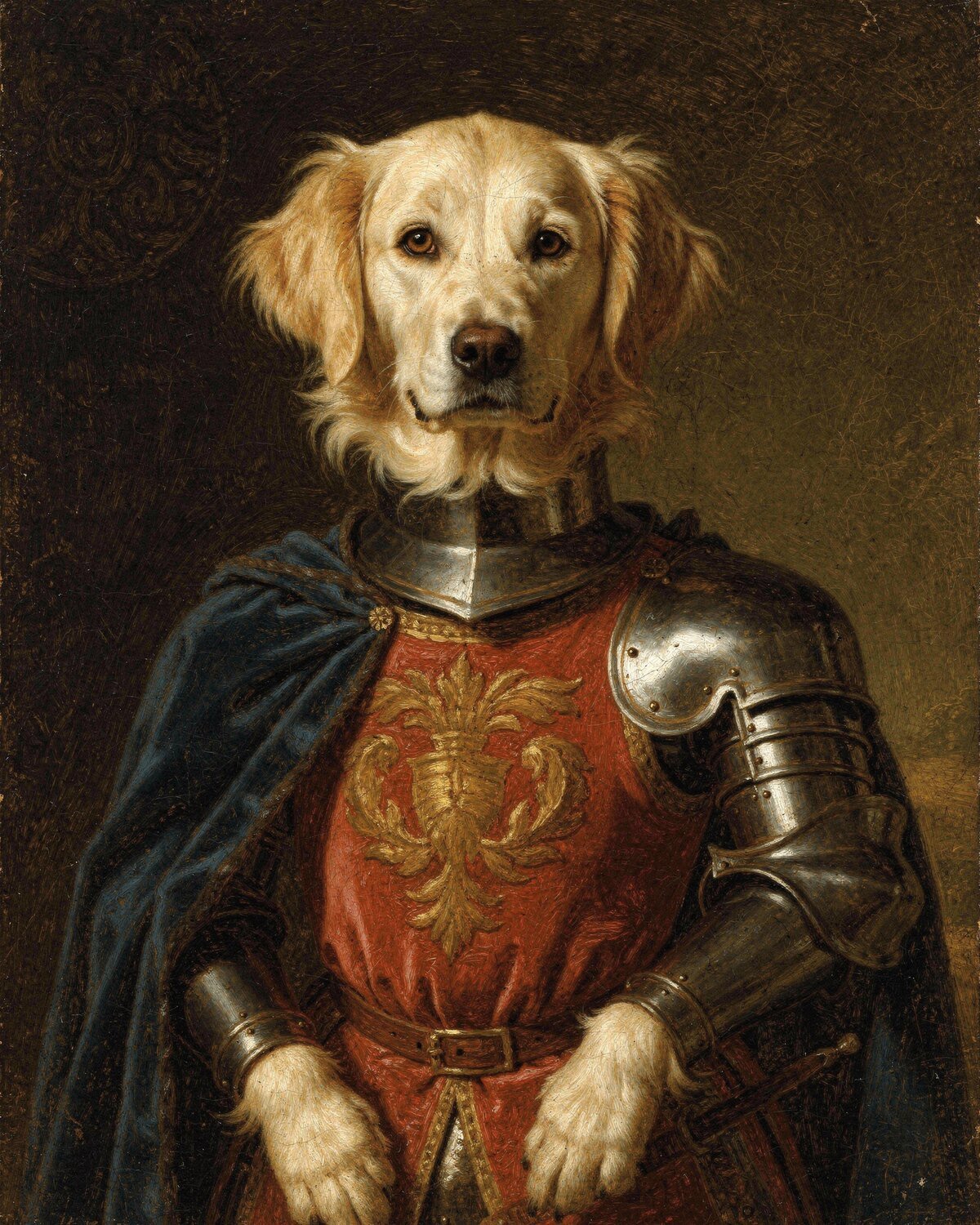 Portrait d’un chien en chevalier, armure d’argent et cape bleue