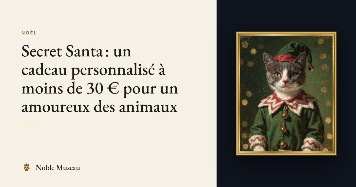 Exemple de portrait : un chat en lutin de Noël, dans un cadre doré