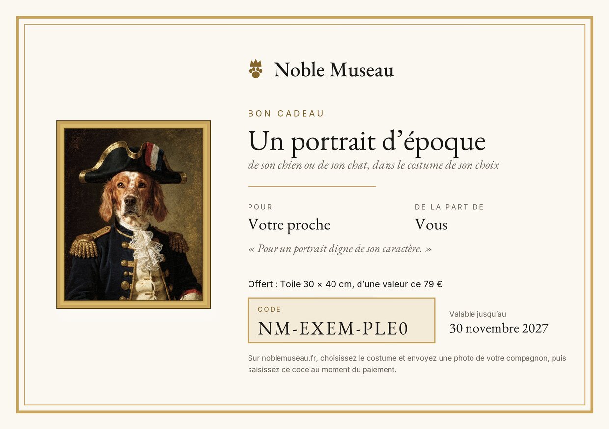 Exemple de bon cadeau Noble Museau : cadre doré, portrait d’exemple, destinataire, format offert, code et date de validité